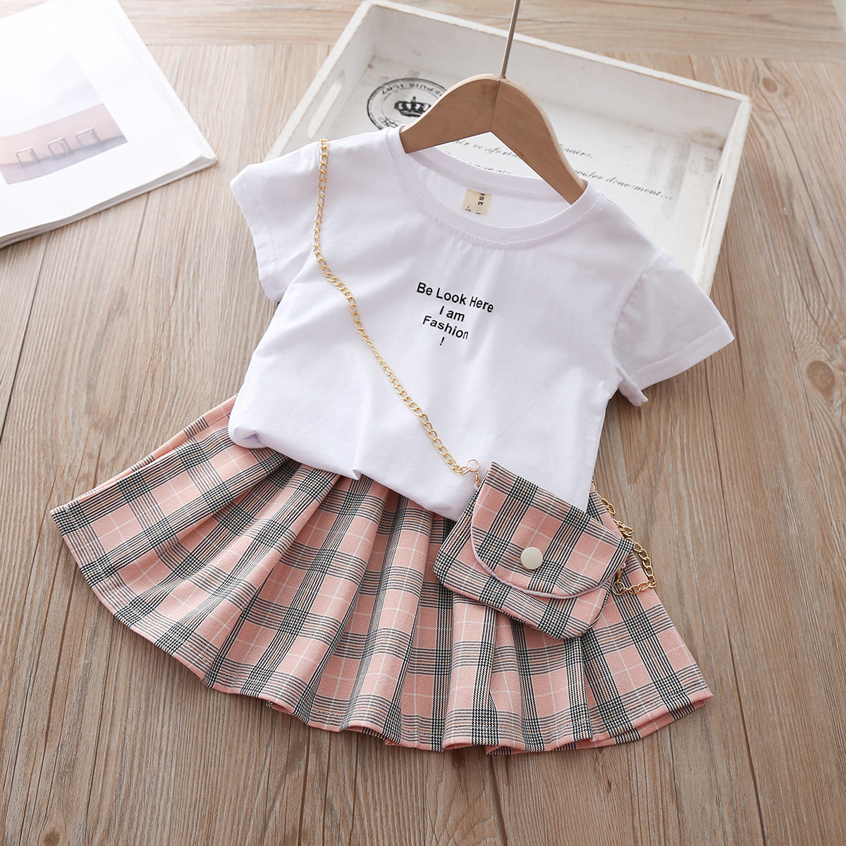 New Children's Clothing Letter Short Sleeve Print Casual Skirt Suit