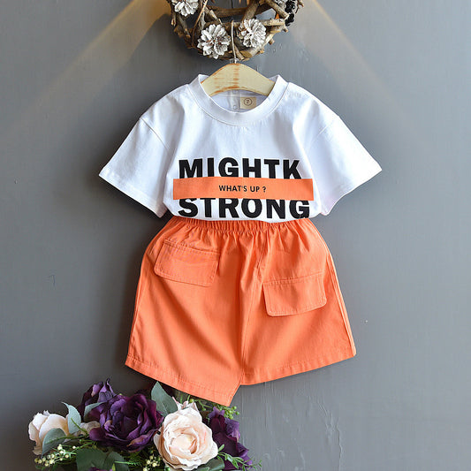 New Children's Clothing Letter Short Sleeve Print Casual Skirt Suit